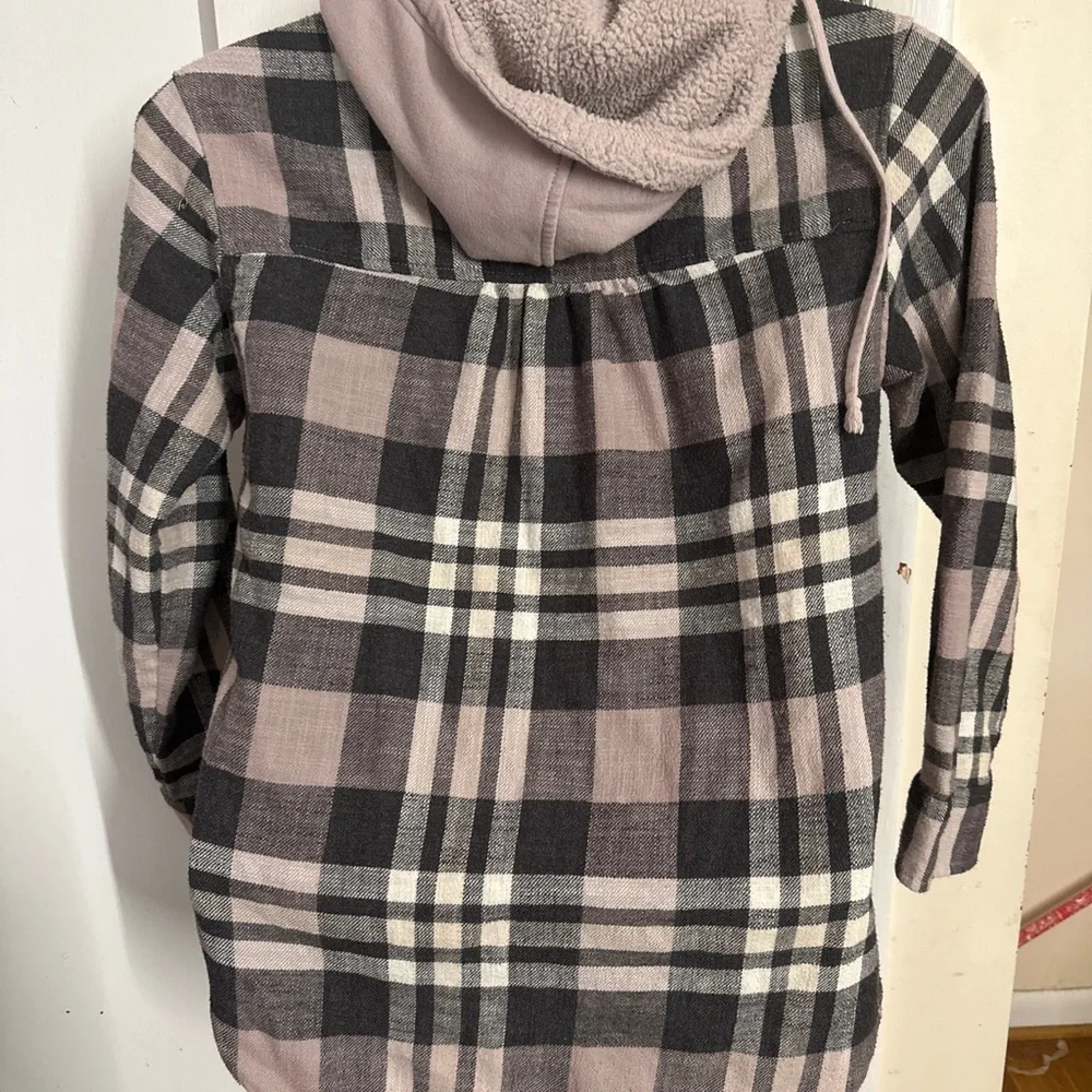 AE American Eagle Plaid Hooded Flannel Small Sherpa Lined Pink  Grey Womens - Picture 8 of 10